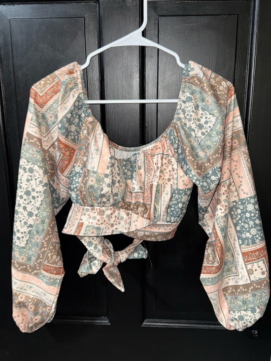 Altar'd State Tops - Altar'd State Blush, Sage & Rust Patchwork Tie in back Crop Top